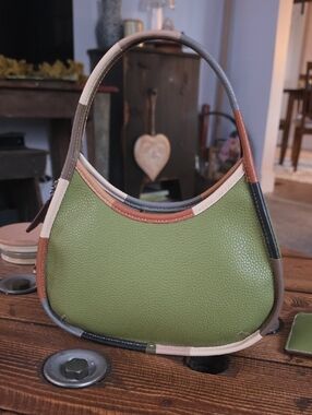 Green Leather Mini Crescent Bag with Multicolor Trim